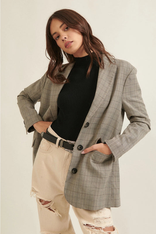 Check-Pattern Oversized Boyfriend Blazer